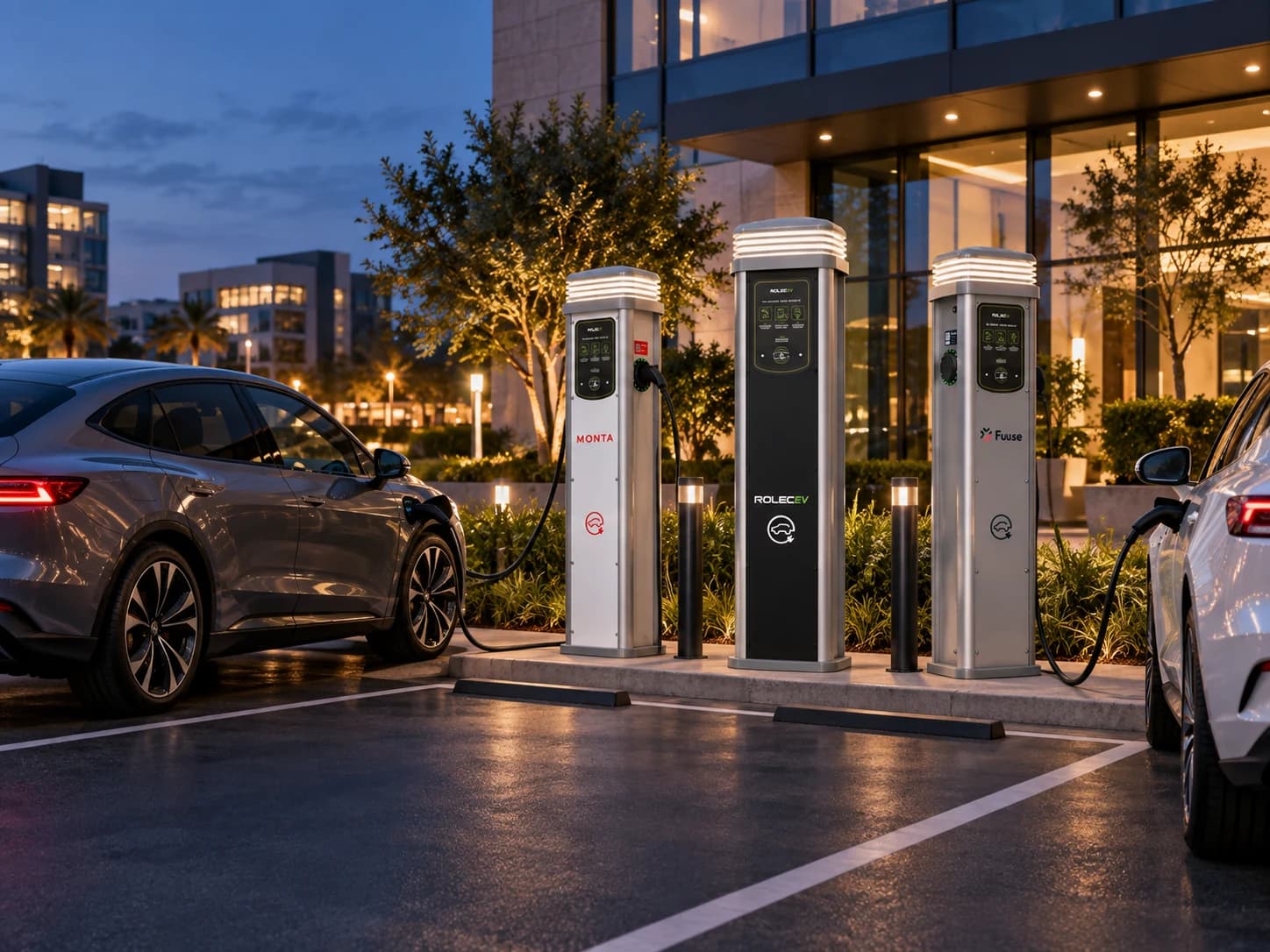 Rolec commercial EV charging stations at a modern business destination