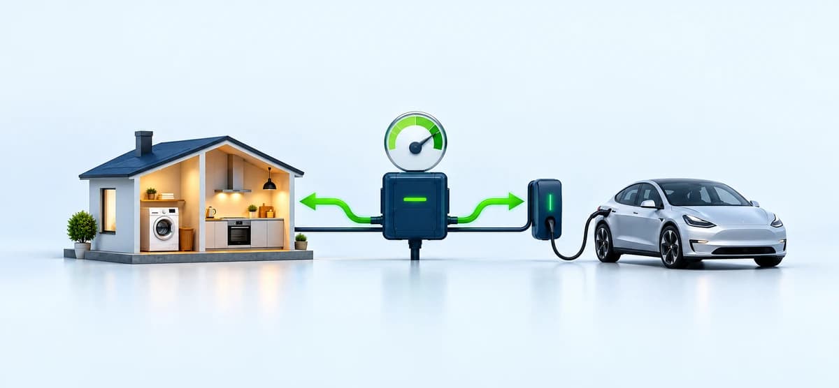 A smart controller sharing electrical power between home appliances and an EV charger.