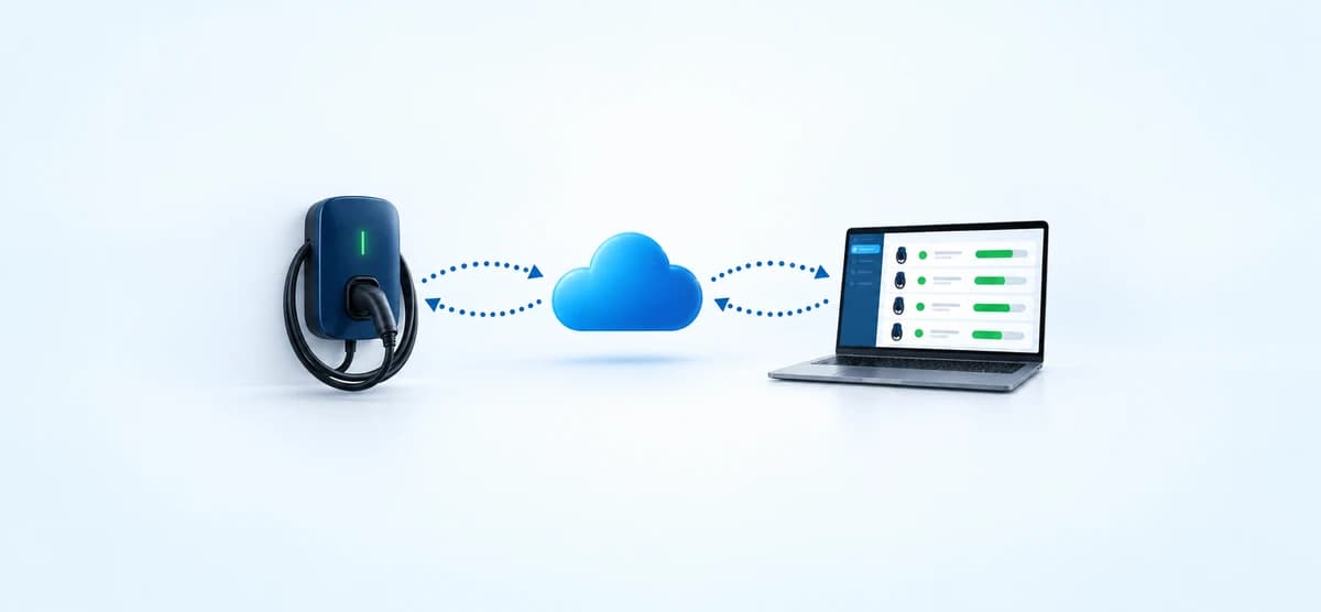 An EV charger exchanging data through a cloud with a charger management dashboard.