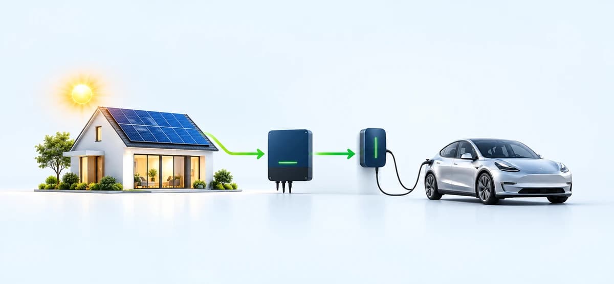 Solar panels powering an inverter and EV charger connected to an electric car.